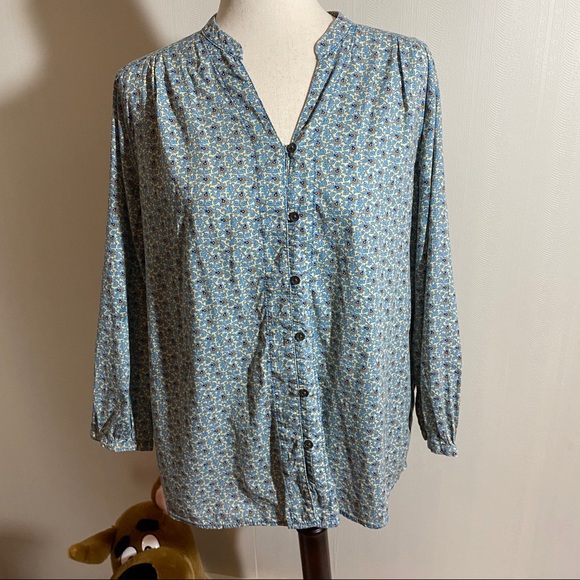 Lands End Calico Floral Blue/Khaki Blouse 16P